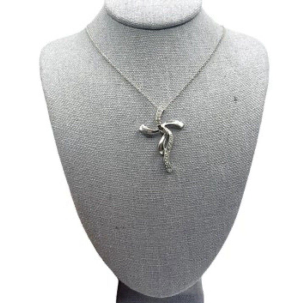 VTG Italian .925 Sterling Silver Cross & Heart Necklace CZ on 18” Chain 5.54g